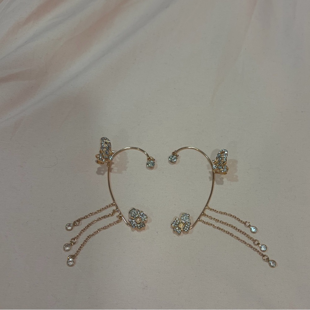 Rose gold Crystal Ear Cuff Earrings with Chain Drops - Sparkling Rose Gold Tone